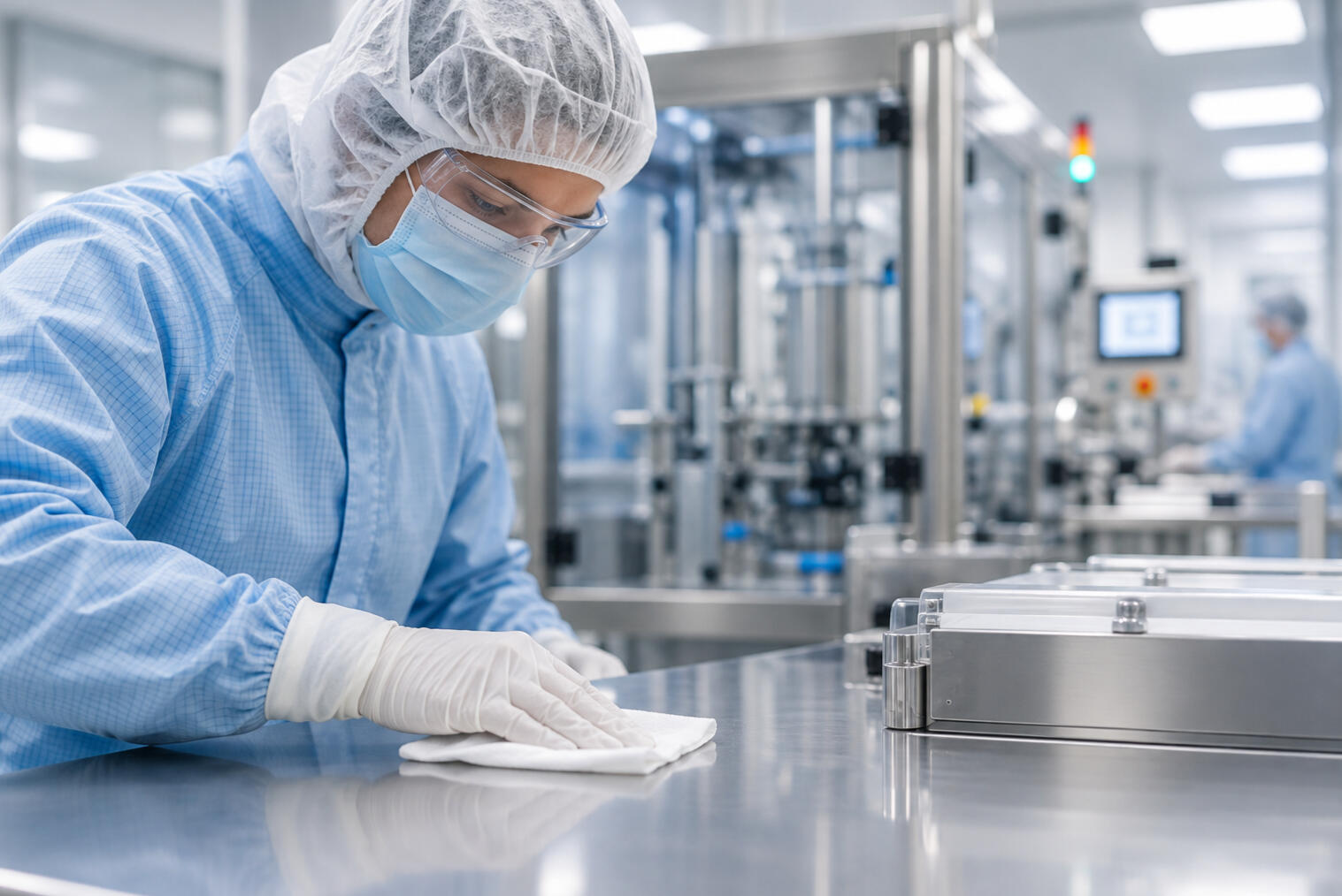 Cleanroom contamination investigation Pharmaceutical cleanroom operator wiping a stainless-steel manufacturing surface